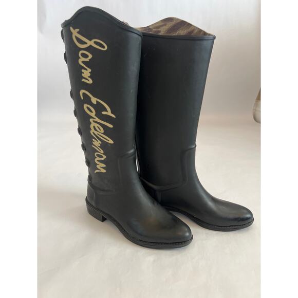 SAM EDELMAN XENIA WOMENS TALL RUBBER RAIN BOOTS WELLIES BLACK TAN SIZE 7M - Picture 1 of 12